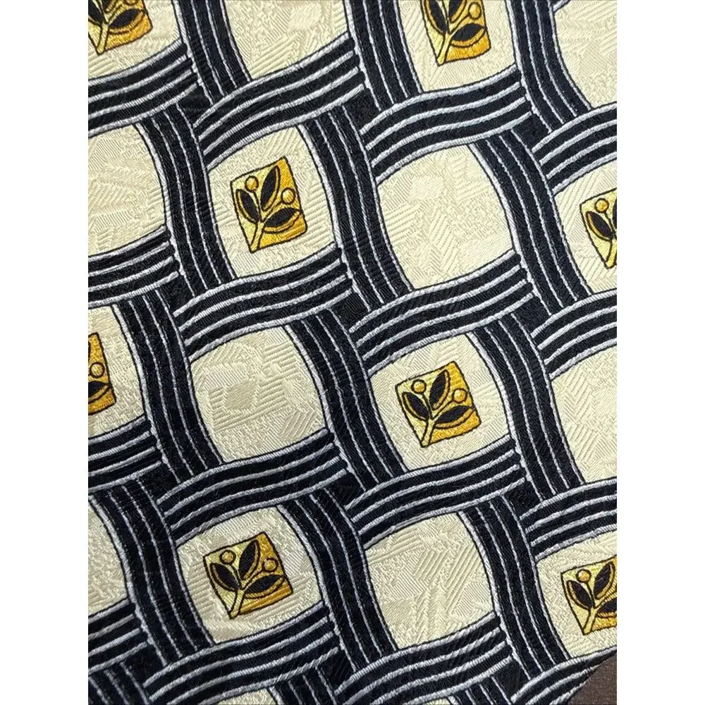 Ermenegildo Zegna Silk Tie Italy Ivory Black Gold Geometric Lattice Medallion
